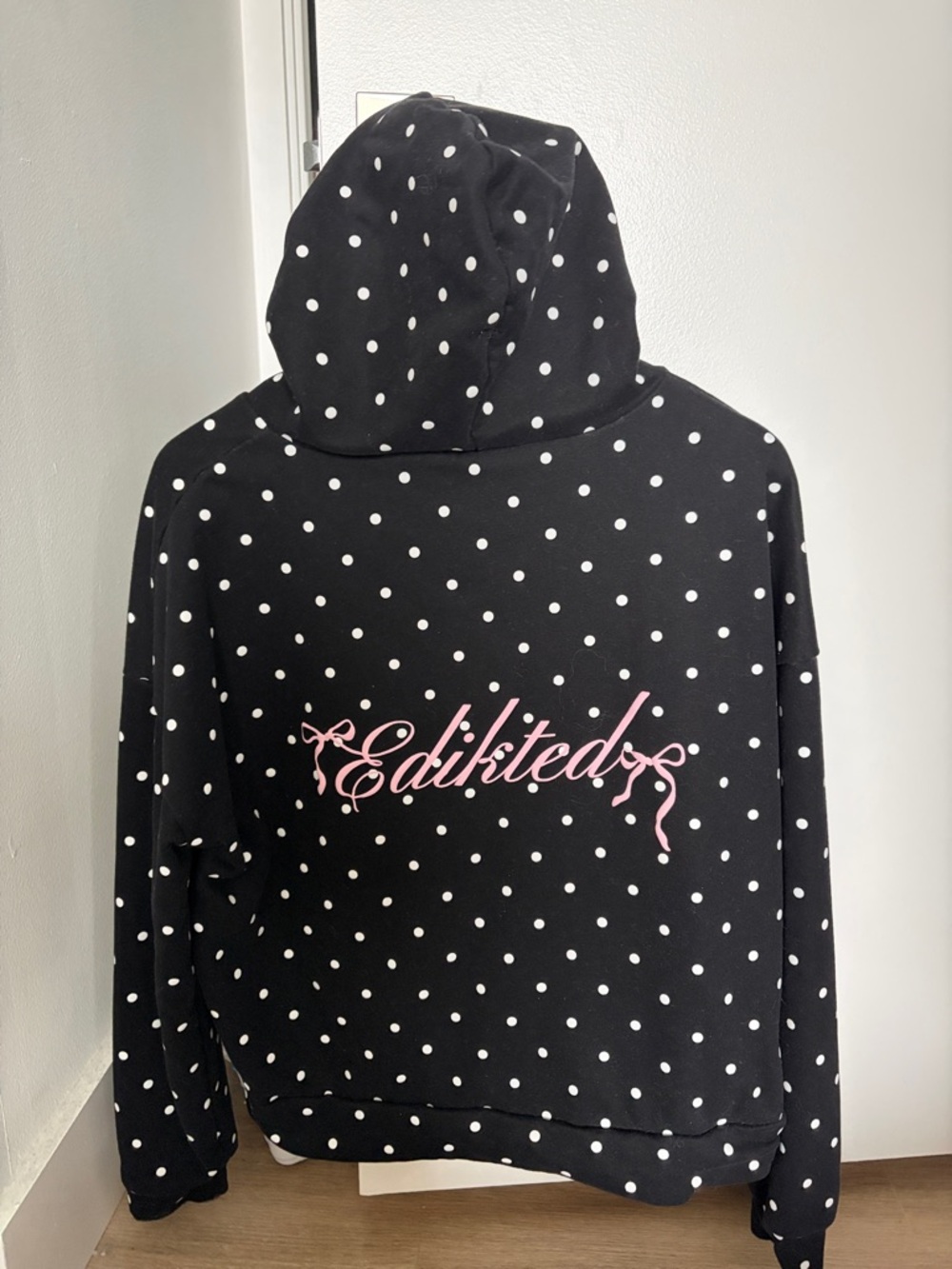 Edikted Black Polka Dot Hoodie with Pink Script Logo